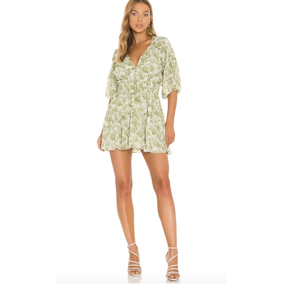 MISA Los Angelas Seven Green White Floral Veranda Smock Waist Open Back Dress